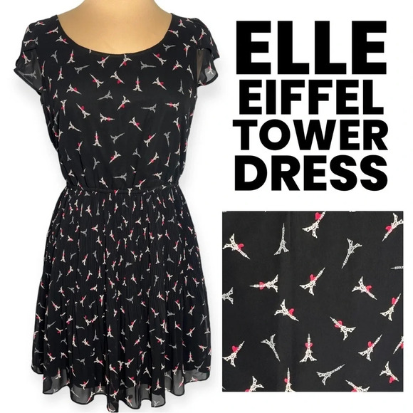 Elle black Paris Eiffel Tower print dress size M - Picture 1 of 8